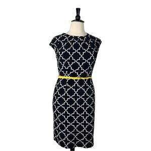 Charter Club Sheath Dress Round Pleat Neck Cap Sleeves Black White Women’s 14